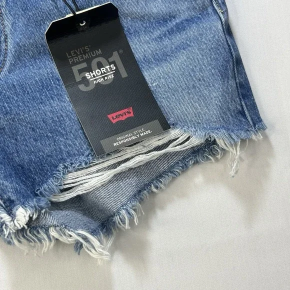 Levis Premium 501 Jean Shorts Women 27 Blue BIG E High Rise Distressed Cut Off - Picture 13 of 16